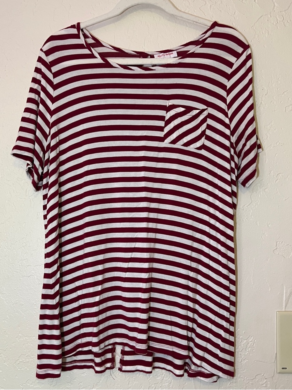 Women's Burgundy & White Striped Short Sleeve Pocket Tee